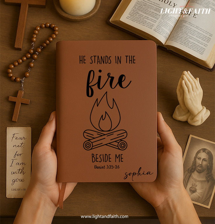 Personalized Christian Journal with “He Stands in the Fire” Quote, Custom Name Prayer & Faith Notebook, Religious Gift, First Communion Gifts, Birthday. NBLAF38